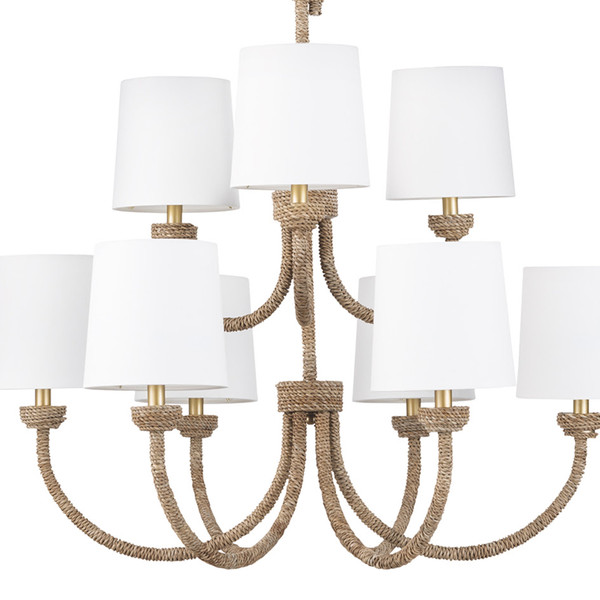 Woven large chandelier with white shades and natural brass fittings